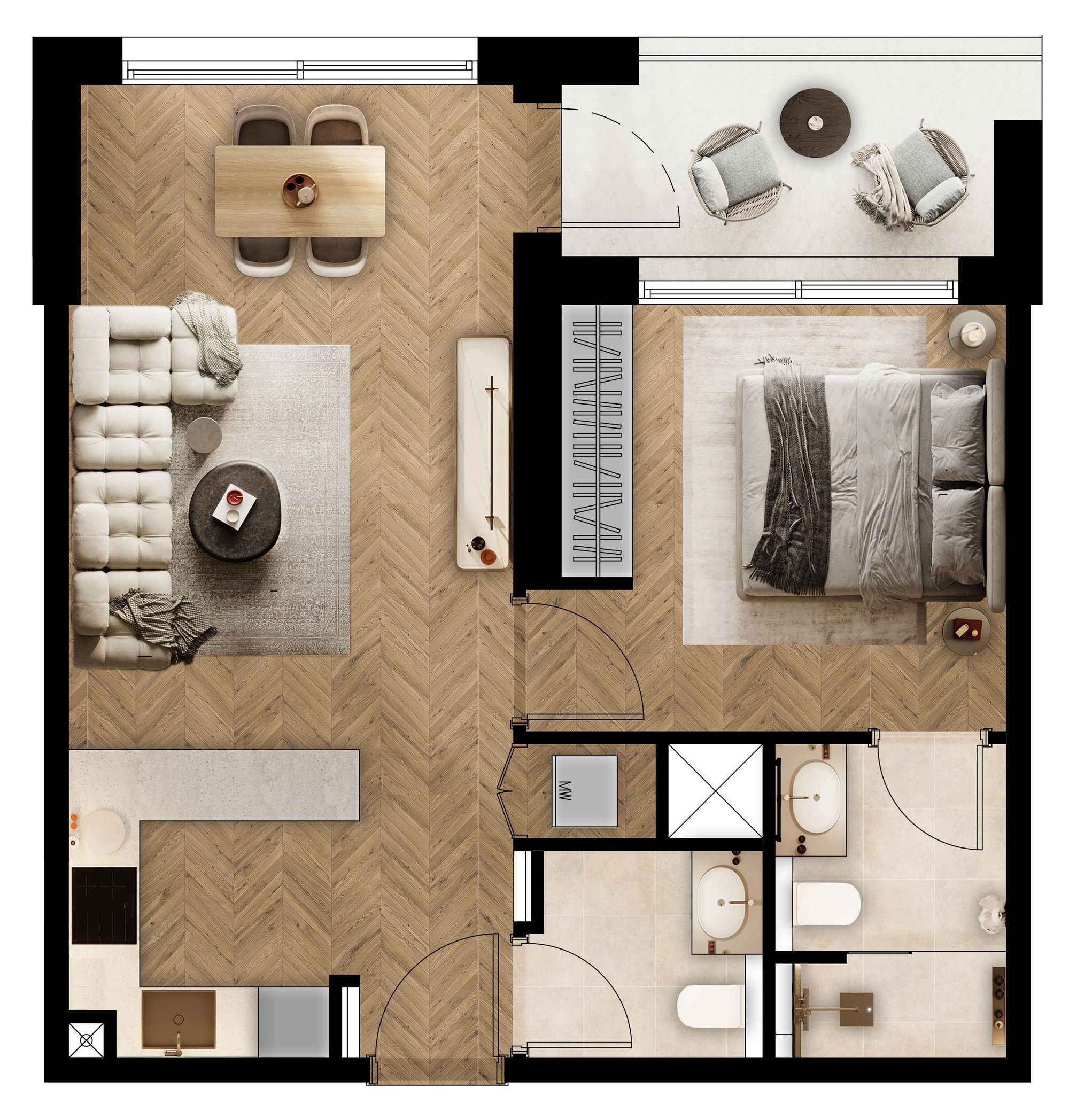 1-bedroom apartment floor plan layout with living area, bedroom, kitchen and bathroom