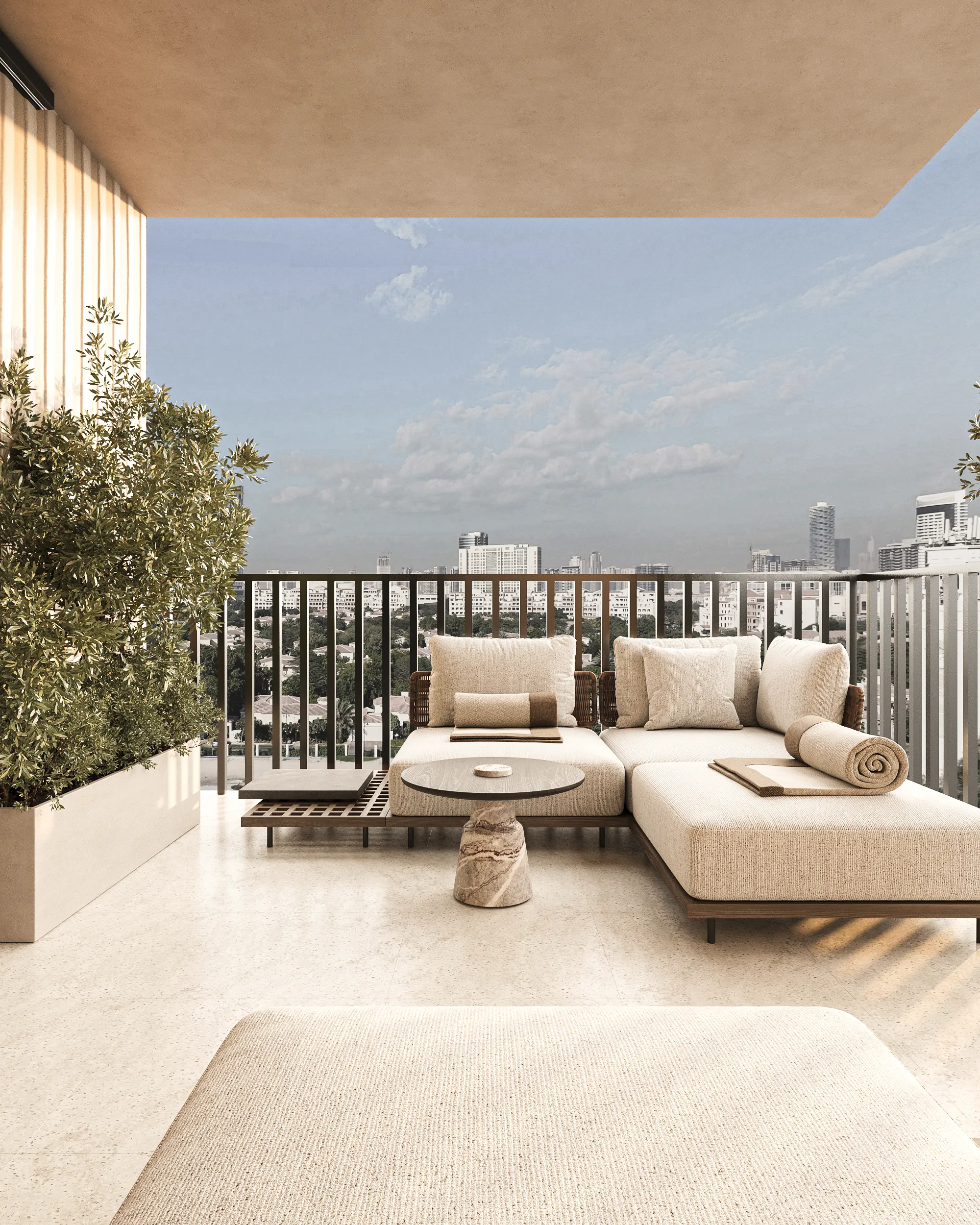 Modern apartment bedroom with city view and contemporary furnishing